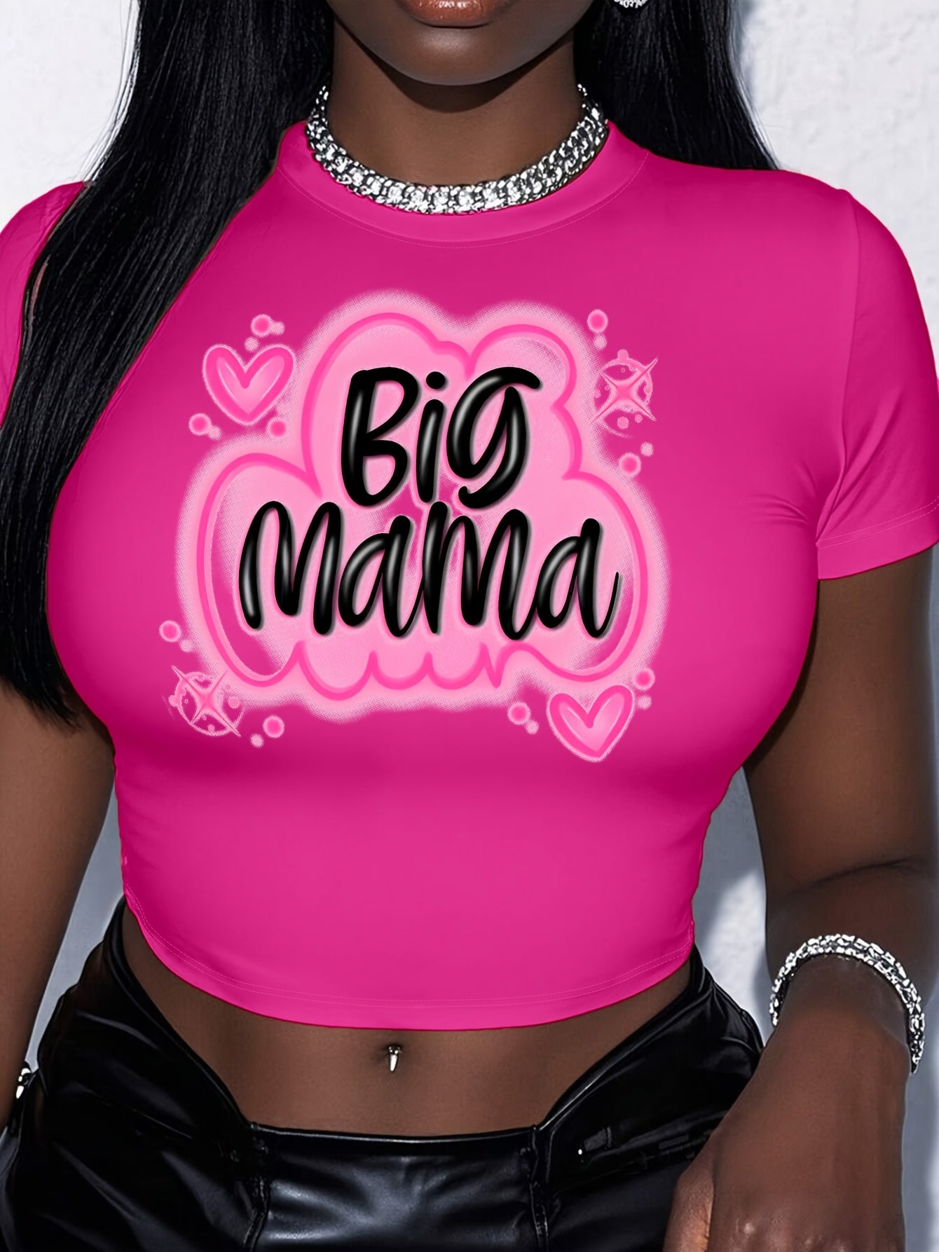 Women's "Big Mama" Graphic Crop Top - Casual Round Neck Short Sleeve, Stretchy Polyester Blend, White with Pink Lettering & Hearts, Summer Essential for Moms, Summer Top | Trendy Casual Style | Glossy Finish